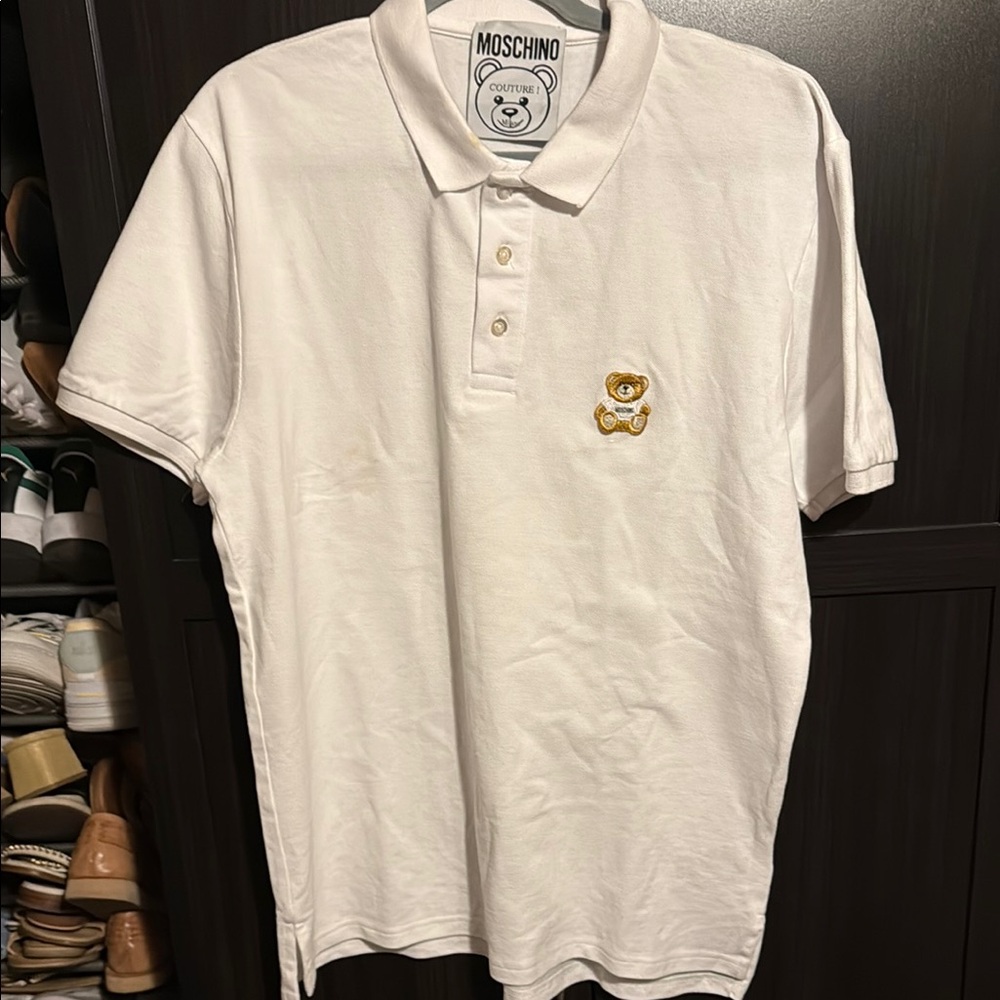 Moschino White and Gold Polo Shirt with Textured Fabric